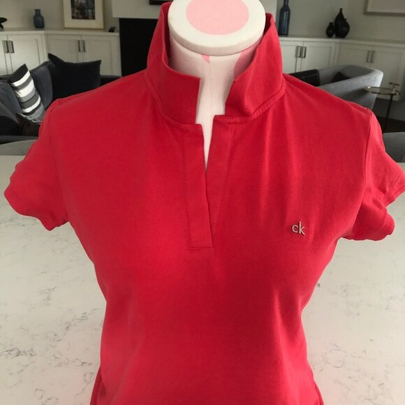 Calvin Klein Casual Cap Sleeve V Neck Cotton w Spandex Polo Shirt Coral Sz M - Picture 2 of 15